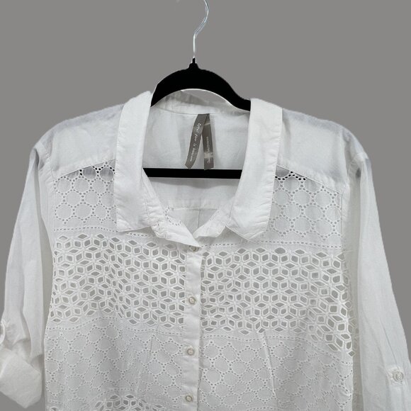 🤍 White Eyelet Blouse Coastal Grandma Minimalist 100% Cotton 3X - Picture 1 of 11